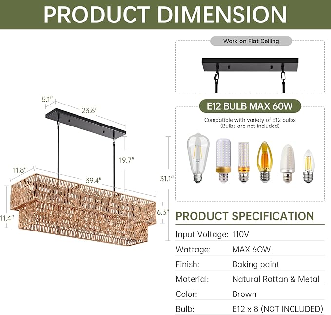 40” Hand Woven Rattan 8-Light Chandeliers for Dining Room, 2 Layer Boho Linear Chandelier Rectangle Rustic Pendant Light Fixture for Kitchen Island Bar Living Room