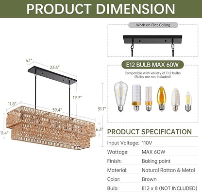 40” Hand Woven Rattan 8-Light Chandeliers for Dining Room, 2 Layer Boho Linear Chandelier Rectangle Rustic Pendant Light Fixture for Kitchen Island Bar Living Room