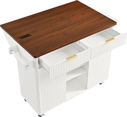 Modern Dining Table 52in Fluted Kitchen Island with Drop, Power Outlet, Cart with Shelves, 2 Doors 2 Drawers, Rolling Table for Kitchen Living Room,White-MDF