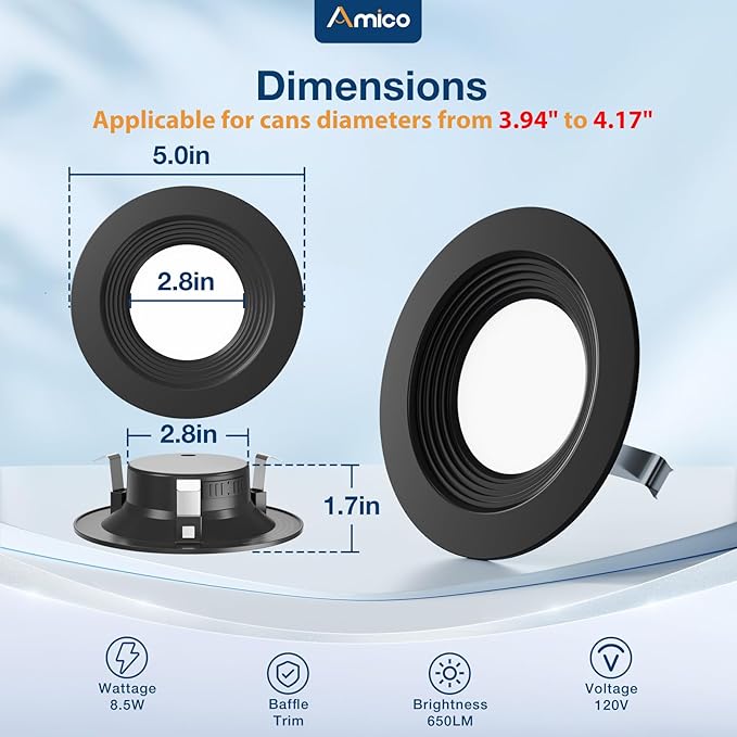 Amico 4 Pack 4 inch 5CCT LED Recessed Lighting, Dimmable, 8.5W=60W, 650LM, 2700K/3000K/4000K/5000K/6000K Selectable, Retrofit Can Lights with Baffle Trim, IC Rated - ETL & FCC, Black