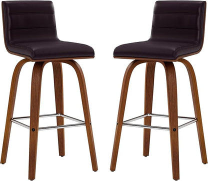 Vienna 26" Swivel Counter Stool in Walnut Wood Finish with Brown Faux Leather - Set of 2