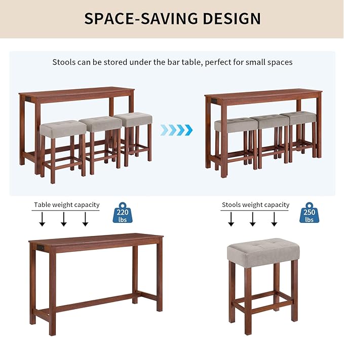 LKTART Bar Table and Chairs Set, 4 Piece Counter Height Bar Table Set with Power Outlet and 3 Upholstered Stools, Industrial Breakfast Table for Living Room, Cherry