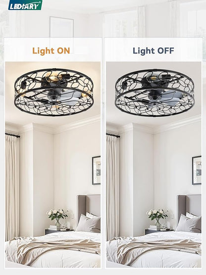 LEDIARY 23 Inch Caged Ceiling Fans with Lights, Black Flush Mount Ceiling Fan with Remote, Large Low Profile Bladeless Ceiling Fan Light Fixture for Bedroom, Kitchen, Dining Room