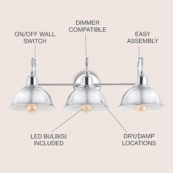 JONATHAN Y 27" Chrome Farmhouse Industrial 1-Light LED Vanity Wall Sconce for Bathroom Mirror Kitchen, Metal Shade, Dimmable Vintage Lighting, LED Bulb Included (JYL7483A)