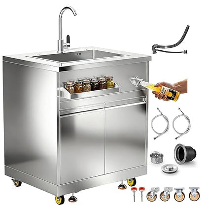 BODEGA Stainless Steel Commercial Restaurant Sinks Cabinet and Outdoor Kitchen Cabinet for Refrigerator Combo, Freestanding Utility Sink with Brake-Wheels & Spice-Rack, for Home, Kitchen, RV.