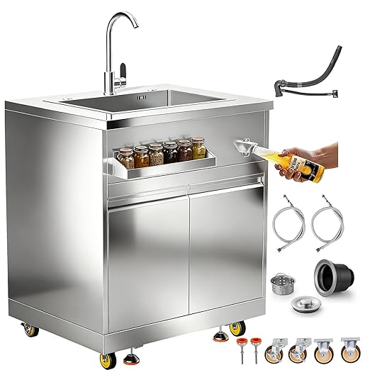 BODEGA Stainless Steel Single bowl kitchen sink Cabinet With hose hookup and Faucet, Outdoor Kitchen Sink with Storage, Brake Wheels & Spice Rack, All-Weather Sink, Use For RV, Yard,Garage,Restaurant.
