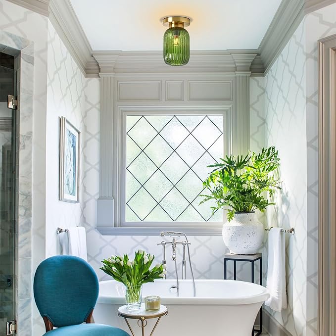 Flush Mount Ceiling Light Glass Gold Chandelier Hallway Lighting Fixture Green Glass Lampshade Farmhouse Lighting Vintage Ceiling Lamp for Living Room Porch Bedroom