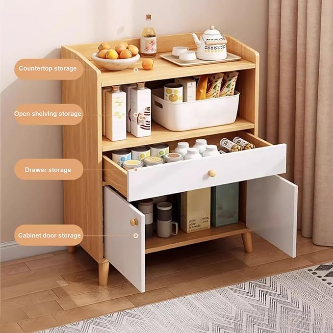 Kitchen Coffee Bar Cabinet Home Island with Storag Buffet Sideboard with 2 Doors and Open Storage Shelf for Living Room Corner Small Space Oak