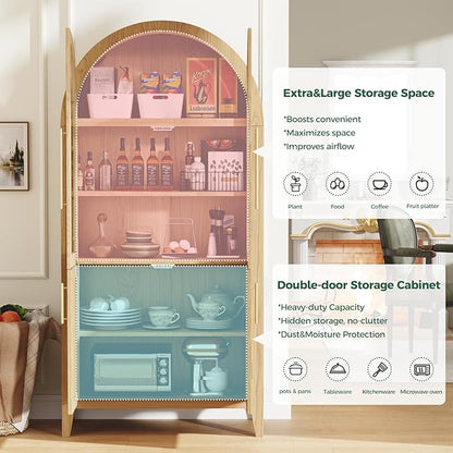 63” Tall Arched Kitchen Pantry Cabinet, 5-Tier Modern Farmhouse Flute Pantry with Adjustable Shelves, Kitchen Storage Cabinet for Kitchen, Dining Room, Living Room, Oak