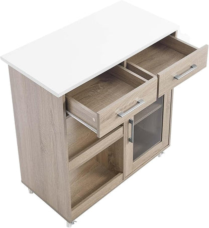 Modway Culinary Rolling Kitchen Cart with Storage in Oak White - 3 Tiers Kitchen Island on Wheels with Spice Rack, Functional as a Coffee Station, Bar Cabinet or Butcher Block Island