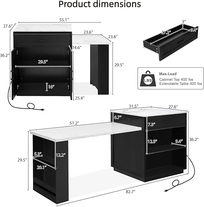 82.7"-56" Kitchen Island with Extendable Dining Table, Faux Mable Kitchen Cart with Power Outlet, Double-Sized Storage, Rolling Kitchen Table with Storage 2 Drawers 2 Side Open Shelves, Black