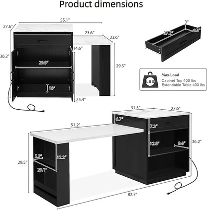 82.7"-56" Kitchen Island with Extendable Dining Table, Faux Mable Kitchen Cart with Power Outlet, Double-Sized Storage, Rolling Kitchen Table with Storage 2 Drawers 2 Side Open Shelves, Black