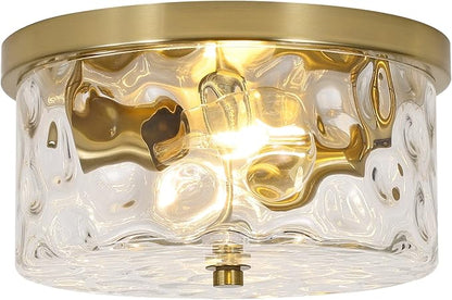 LamQee 11.8" Flush Mount Ceiling Light with Clear Hammered Glass, Brushed Gold Hallway Light Fixtures Ceiling Mount for Bathroom, 2-Lights Farmhouse Close to Ceiling Light Kitchen Foyer Bedroom