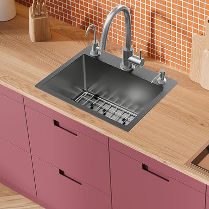 Black 19.7x15.7 Inch Kitchen And Bar Sink - Stainless Steel Drop In Small Single Bowl Kitchen Sink Come With Bottom Grid, Colander And Drain Assembly Set Ideal Choice For Small Spaces Kitchen&Bar