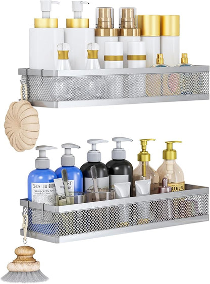 PUSDON 16.5-Inch Extra Long Slim Mesh Shower Caddy, Wall Mounted Bathroom Organizer with Adhesive, Heavy Duty Rustproof Shelf for Narrow Kitchen Pantry & RV, Holds 50 LBS Silver Gray -2 Packs Netting