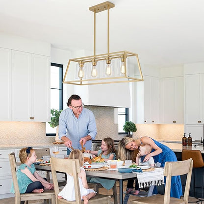 4-Light Gold Chandeliers for Dining Room | Modern Kitchen Island Light Fixture | Rectangle Chandelier for with Clear Glass Shade | Apply to Dining Room Light fixtures Over Table