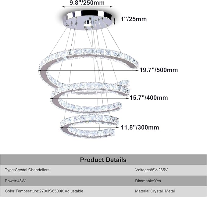 Finktonglan Modern Chandeliers Dimmable, 3 Rings Crystal Chandeliers with Remote Control, Shape Adjustable, LED Linear Chandelier Pendant Island Light for Kitchen Dining Room Living Room, H47.2''