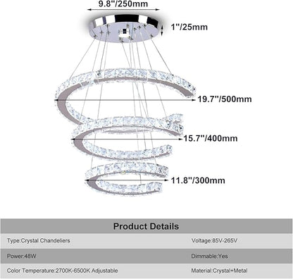 Finktonglan Modern Chandeliers Dimmable, 3 Rings Crystal Chandeliers with Remote Control, Shape Adjustable, LED Linear Chandelier Pendant Island Light for Kitchen Dining Room Living Room, H47.2''