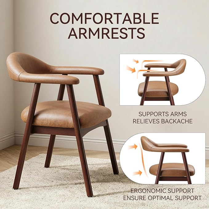 MALOL Leather Dining Chair with Armrest Set of 6, Upholstered Dining Room Chair with Curved Back and Wood Legs, Mid Century Modern Kitchen Chairs for Kitchen Dining Room