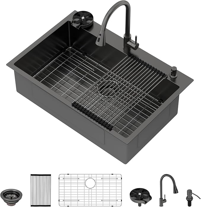 33 Drop In Kitchen Sink - Beslend 33x22 Black Kitchen Sink Drop In with Pull-Out Faucet, Stainless Steel Sinks and Soap Dispenser Topmount 16 Gauge Single Bowl Above Counter Dish Basin 9" Deep