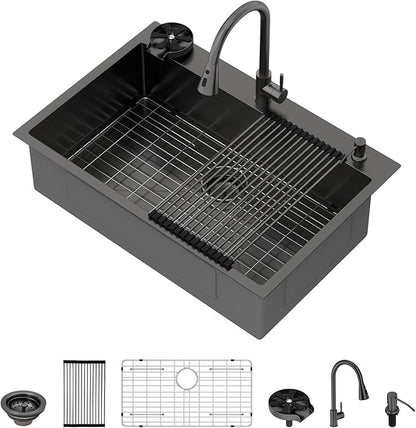 33 Drop In Kitchen Sink - Beslend 33x22 Black Kitchen Sink Drop In with Pull-Out Faucet, Stainless Steel Sinks and Soap Dispenser Topmount 16 Gauge Single Bowl Above Counter Dish Basin 9" Deep