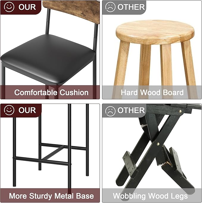 TrailBlaze Bar Stools Set of 4, 37'' Counter Height Kitchen Barstools with Backrest, Thick PU Upholstered Cushion - Metal Legs, Footrest - Kitchen Island, Dining Room, Breakfast Bar - Rustic Brown
