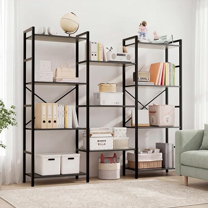 GRUSIGN Triple 4 Tier Book Shelf, Modern Bookcase Shelf, Freestanding Large Display Shelves for Living Room/Office/Garage, Stable Large Bookshelf with Storage for Books/LEGO/Plants, Black