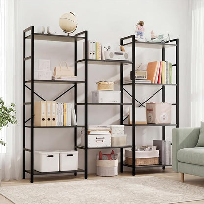GRUSIGN Triple 4 Tier Book Shelf, Modern Bookcase Shelf, Freestanding Large Display Shelves for Living Room/Office/Garage, Stable Large Bookshelf with Storage for Books/LEGO/Plants, Black