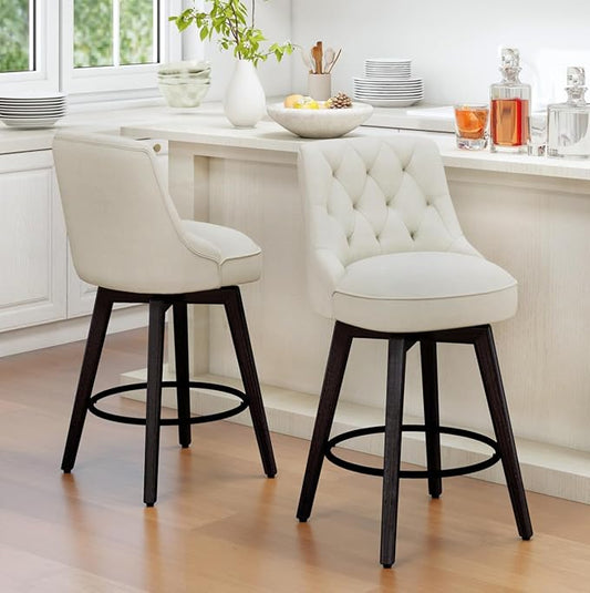 Vipbear Swivel Bar Stools Set of 2, Updated Thickened Upholstered Fabric Counter Height Barstools with Backs, Solid Wood Legs, 26" Modern Bar Height Stools for Kitchen Island, Dining Room, Dark Beige