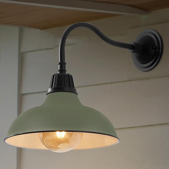 JONATHAN Y 12.25" Matte Olive Green/Black Farmhouse Industrial Outdoor Sconce, LED Gooseneck Wall Light for Porch, Metal Bowl Shade, Dimmable Vintage Exterior Fixture, LED Bulb Included (JYL7613I)