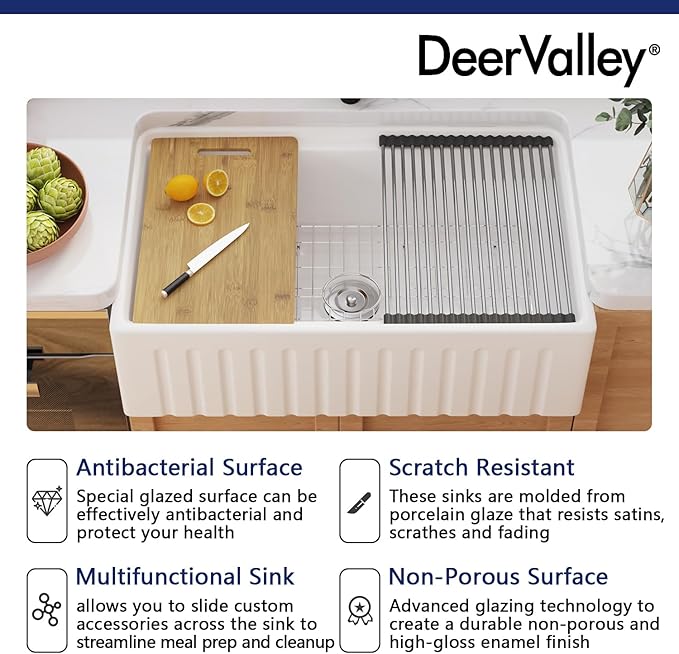 DeerValley Ceramic Farmhouse Workstation Sinks 33 inch, White Farmhouse Kitchen Sink, Reversible Apron Front Kitchen Sink Single Bowl with Grid, Sink Strainer & Workstation Accessories