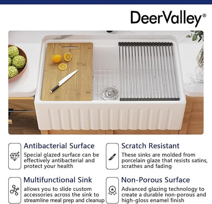 DeerValley Ceramic Farmhouse Workstation Sinks 33 inch, White Farmhouse Kitchen Sink, Reversible Apron Front Kitchen Sink Single Bowl with Grid, Sink Strainer & Workstation Accessories