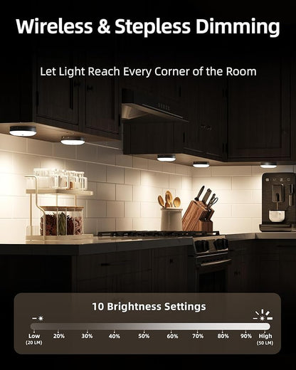 EZVALO Under Cabinet Lighting,1000mAh Rechargeable Puck Lights with Remote,3 Color Temps & 12 RGB Motion Sensor Closet Lights Indoor, Dimmable Under Counter Lights for Kitchen, Shelf Black (6 Packs)