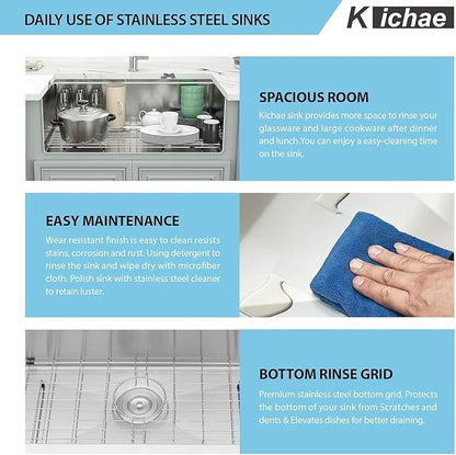 Kichae 36 Inch Farmhouse Kitchen Sink Ledge Workstation Apron Front Farmer Sink 16 Gauge Stainless Steel Single Bowl Handmade Under Counter Basin with Accessories