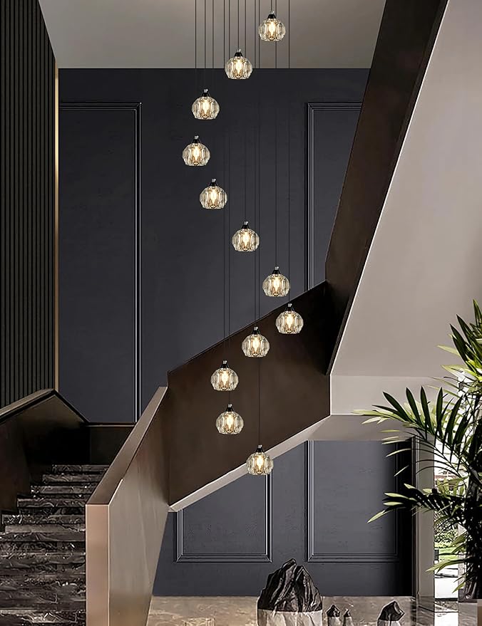 Weesalife Crystal Chandeliers for Staircases, 12-Light Black Modern Chandeliers for High Ceilings，Crystal Pendant Light Fixture for Living Room Kitchen Island Foyer Hallway Bar