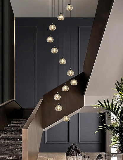 Weesalife Crystal Chandeliers for Staircases, 12-Light Black Modern Chandeliers for High Ceilings，Crystal Pendant Light Fixture for Living Room Kitchen Island Foyer Hallway Bar