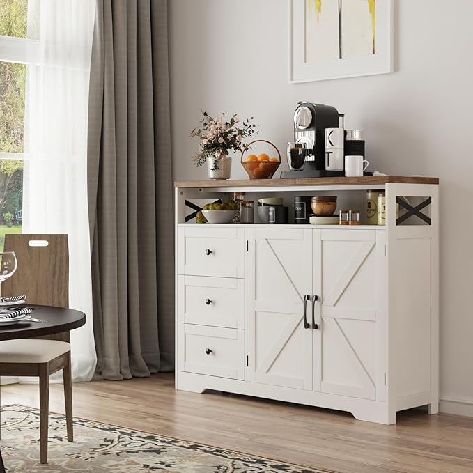 Befrases Farmhouse Buffet Cabinet with Drawers & Open Shelf, Sideboard with Storage, Kitchen Pantry Cabinet Hutch, Coffee Bar Station for Kitchen, Livingroom, 47" L White