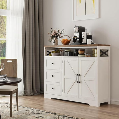 Befrases Farmhouse Buffet Cabinet with Drawers & Open Shelf, Sideboard with Storage, Kitchen Pantry Cabinet Hutch, Coffee Bar Station for Kitchen, Livingroom, 47" L White