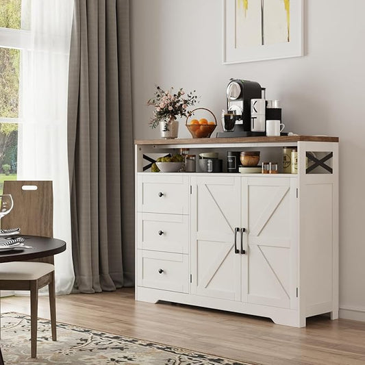 Befrases Farmhouse Buffet Cabinet with Drawers & Open Shelf, Sideboard with Storage, Kitchen Pantry Cabinet Hutch, Coffee Bar Station for Kitchen, Livingroom, 47" L White