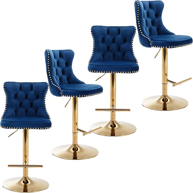 Rhomtree Velvet Swivel Bar Stools Upholstered Bar Stool with Button Tufted Back and Pull Ring Height Adjustable Barstools 25-33 Inch for Home Pub and Kitchen Island (Blue with Gold Base, Set of 4)