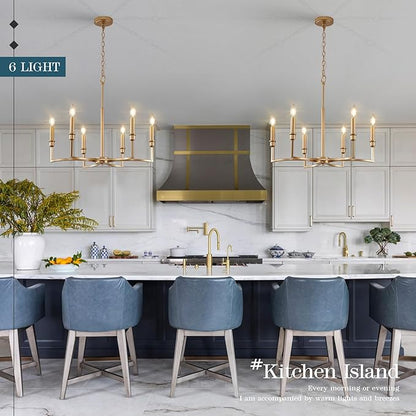 Gold Chandelier Light Fixture 6-Light Candle Dining Room Chandelier Lighting Over Table Vintage Brass Metal Chandeliers for Bedroom Kitchen Island Foyer Entryway, 26in