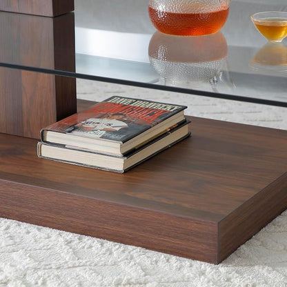 Glass Coffee Table with Storage, 44 Inch Rectangular Coffee Tables for Living Room, 3-Tier Tempered Glass Wooden Center Table Modern Accent Cocktail Table for Home Office (Walnut)