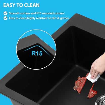 Kichae 25 Granite Composite Kitchen Sink - 25"x22" Grainte Quartz Drop In Topmount Black Deep Single Bowl Basin