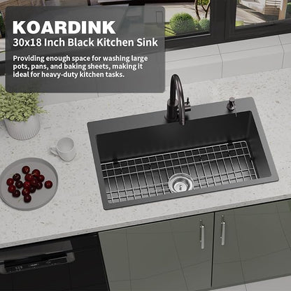 Black Kitchen Sink, 30x18 Inch Stainless Steel Drop In Modern Single Bowl Topmount Kitchen Sink Combo-SS Grid,Silicon Mat,Drain Strainer Set Compatibility With Various Kitchen&Bar Style