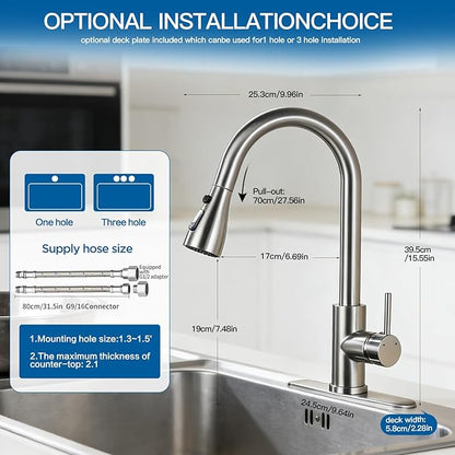 Kitchen Faucet with Pull Down Sprayer，Brushed Nickel, Kitchen Sink Faucet，High Arc Single Handle Classic Stainless Steel Sink Faucet，1 or 3 Hole,Suitable for Farmhouse Camper Laundry Rv Bar