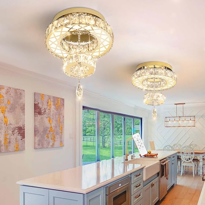 HAIXIANG Modern Glam Ceiling Chandelier Bedroom Light Fixtures Crystal Flat Sloping Ceiling Lights for Hallway Kitchen Dining Room Dimmable Light with Remote Gold