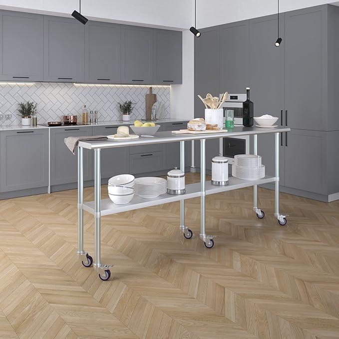 Stainless Steel Work Table with Wheels | NSF Kitchen Island Food Prep | Laundry Garage Utility Bench (Table + Wheels, 84" Long x 18" Deep)