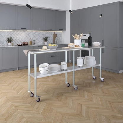 Stainless Steel Work Table with Wheels | NSF Kitchen Island Food Prep | Laundry Garage Utility Bench (Table + Wheels, 84" Long x 18" Deep)