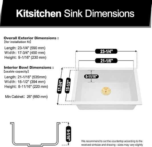 Kitsitchen 23 Inch White Undermount Kitchen Sink, Small Granite Composite Kitchen Sink, 23" x 18" Quartz Stone Kitchen Sink with Drain Assembly & Bottom Gird