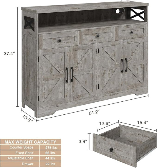 51" Farmhouse Buffet Sideboard Cabinet with Drawers and Barn Doors, Storage Cabinet with Shelf, Kitchen Pantry Cabinet Hutch, Coffee Bar Station for Kitchen, Dining, Living room, Washed Grey